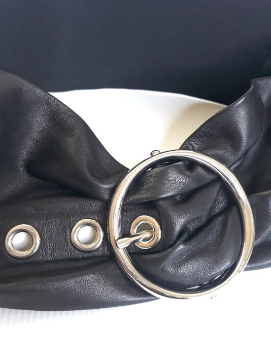 Susie Roher Black Leather Grommet Statement Waist Belt Boho Artsy Chic
